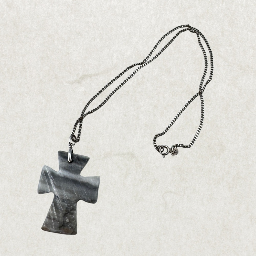 Vintage Sterling Silver 925 Stone Cross Pendant Necklace
